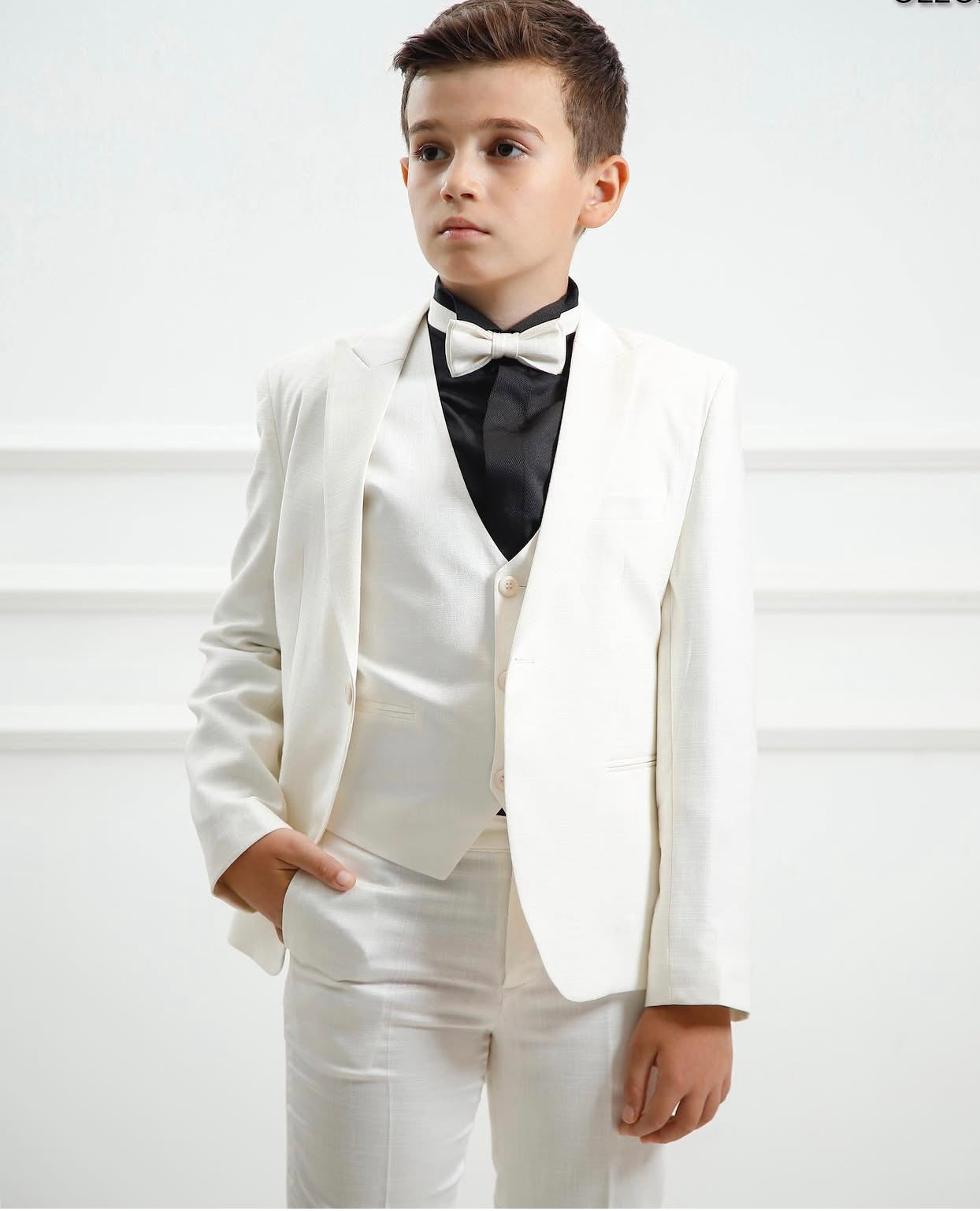 Boys Ivory Wedding Suits White Ivory Solid Colored Slim Fit Boys 5 Piece Special Occasion